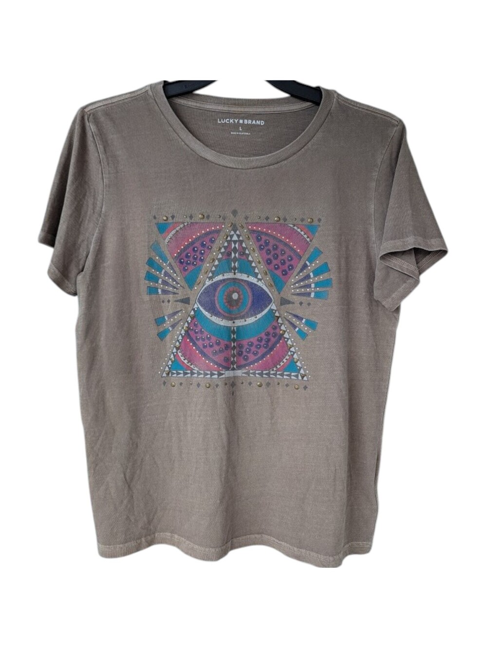 Lucky Brand Womens L Brown Acid Wash Graphic Festival Studded Eye T-Shirt 21x26